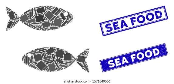 Mosaic fish pair icon and rectangle Sea Food rubber prints. Flat vector fish pair mosaic icon of random rotated rectangle elements. Blue Sea Food rubber seals with scratched surface.