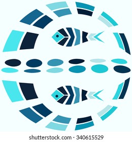 Mosaic fish in a round blue seamless wave pattern. Natural vector background. The theme of the sea and ocean. Sea food and fishing. Aquarium business