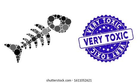 Mosaic fish skeleton icon and grunge stamp watermark with Very Toxic phrase. Mosaic vector is composed from fish skeleton icon and with scattered spheric items. Very Toxic stamp seal uses blue color,