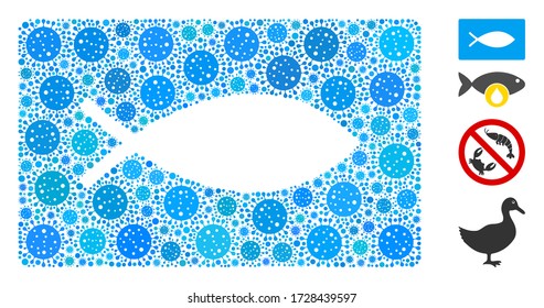 Mosaic fish tank organized from covid-2019 virus icons in different sizes and color hues. Vector viral elements are organized into abstract mosaic fish tank icon. Some bonus icons are added.