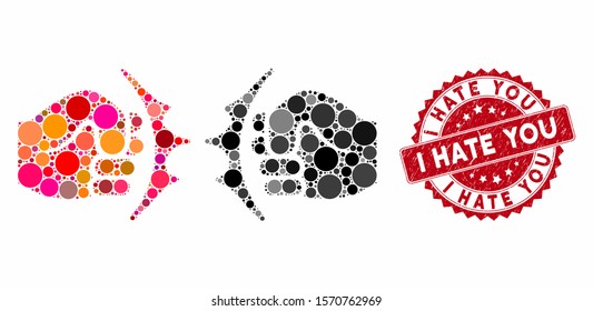 Mosaic fist fight and corroded stamp watermark with I Hate You caption. Mosaic vector is designed with fist fight icon and with scattered spheric spots. I Hate You stamp uses red color,