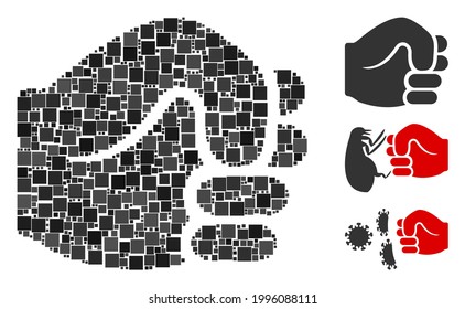 Mosaic Fist icon constructed from square items in random sizes and color hues. Vector square items are composed into abstract mosaic fist icon. Bonus icons are added.