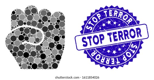 Mosaic fist icon and grunge stamp watermark with Stop Terror text. Mosaic vector is formed with fist pictogram and with scattered circle items. Stop Terror stamp seal uses blue color,