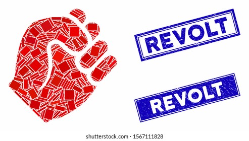 Mosaic fist pictogram and rectangular watermarks. Flat vector fist mosaic pictogram of random rotated rectangular elements. Blue caption watermarks with distress surface.