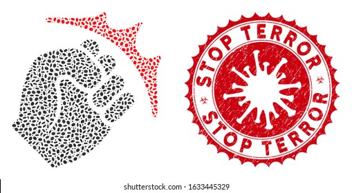 Mosaic fist strike icon and red rounded rubber stamp seal with Stop Terror caption and coronavirus symbol. Mosaic vector is composed with fist strike pictogram and with random oval elements.