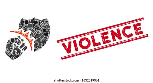 Mosaic fist strike shield icon and red Violence seal between double parallel lines. Flat vector fist strike shield mosaic icon of random rotated rectangular items.
