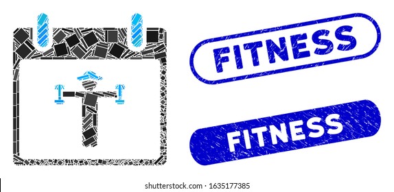 Mosaic fitness calendar day and corroded stamp seals with Fitness caption. Mosaic vector fitness calendar day is designed with scattered rectangle items. Fitness seals use blue color,