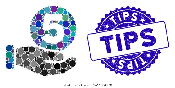 Mosaic five cents payment hand icon and rubber stamp seal with Tips caption. Mosaic vector is created with five cents payment hand pictogram and with randomized round elements.