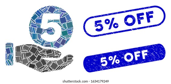 Mosaic five cents payment hand and corroded stamp seals with 5% Off text. Mosaic vector five cents payment hand is created with random rectangles. 5% Off stamp seals use blue color,