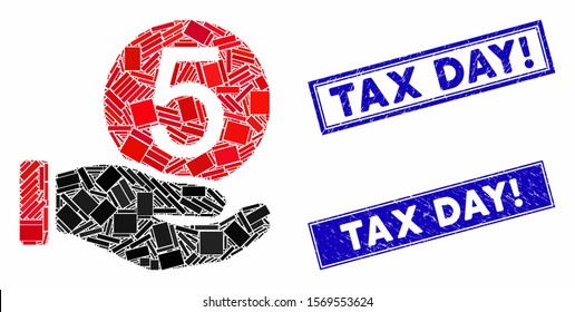 Mosaic five cents payment icon and rectangular rubber prints. Flat vector five cents payment mosaic icon of randomized rotated rectangular items. Blue caption stamp imprints with distress texture.