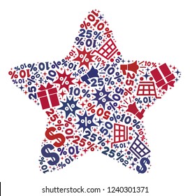 Mosaic five corner star constructed with blue and red shopping symbols. Retail combination of mosaic five corner star icon. Flat design for shopping posters.