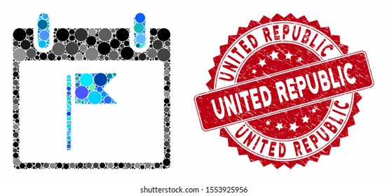 Mosaic flag calendar day and grunge stamp seal with United Republic phrase. Mosaic vector is created with flag calendar day icon and with scattered circle items.