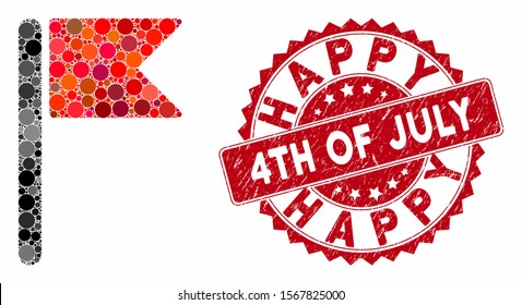 Mosaic flag and corroded stamp seal with Happy 4Th of July caption. Mosaic vector is composed with flag icon and with randomized round spots. Happy 4Th of July stamp seal uses red color,