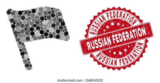 Mosaic flag and corroded stamp seal with Russian Federation phrase. Mosaic vector is designed with flag icon and with random spheric items. Russian Federation stamp seal uses red color,