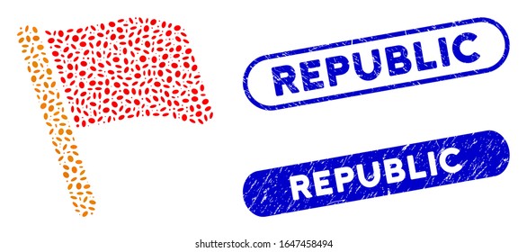 Mosaic flag and corroded stamp seals with Republic caption. Mosaic vector flag is composed with randomized ellipse spots. Republic stamp seals use blue color, and have round rectangle shape.