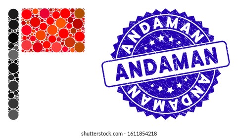 Mosaic flag icon and corroded stamp seal with Andaman caption. Mosaic vector is created with flag icon and with randomized spheric items. Andaman stamp seal uses blue color, and scratched texture.