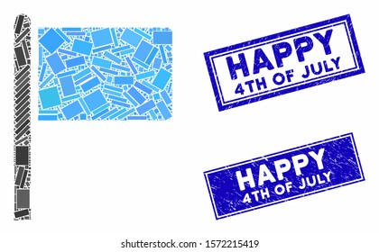 Mosaic flag pointer icon and rectangular Happy 4Th of July rubber prints. Flat vector flag pointer mosaic icon of randomized rotated rectangle elements.