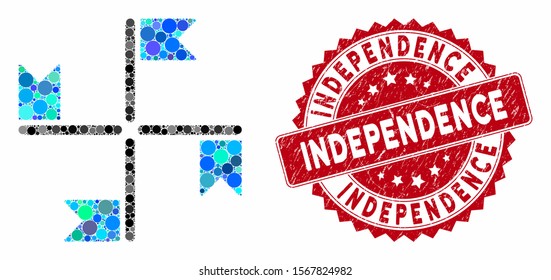 Mosaic flags and rubber stamp seal with Independence caption. Mosaic vector is created with flags icon and with randomized circle elements. Independence stamp seal uses red color,