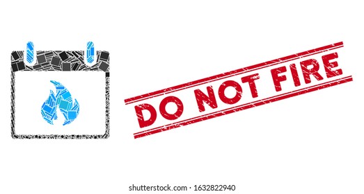 Mosaic flame calendar day icon and red Do Not Fire watermark between double parallel lines. Flat vector flame calendar day mosaic icon of scattered rotated rectangular items.