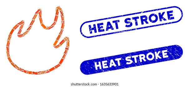 Mosaic flame contour and distressed stamp seals with Heat Stroke phrase. Mosaic vector flame contour is formed with random rectangles. Heat Stroke stamp seals use blue color,
