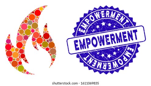 Mosaic flame icon and distressed stamp seal with Empowerment phrase. Mosaic vector is created with flame icon and with randomized circle spots. Empowerment stamp seal uses blue color,