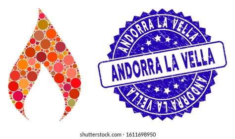 Mosaic flame icon and rubber stamp seal with Andorra La Vella caption. Mosaic vector is formed with flame icon and with scattered round items. Andorra La Vella stamp uses blue color, and dirty design.