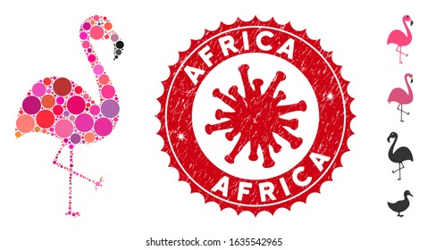 Mosaic flamingo icon and red round rubber stamp watermark with Africa caption and coronavirus symbol. Mosaic vector is created with flamingo icon and with random round elements.