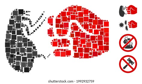 Mosaic Flea fist strike icon composed of square items in variable sizes and color hues. Vector square items are composed into abstract mosaic flea fist strike icon. Bonus icons are added.