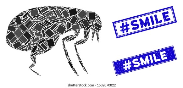 Mosaic flea icon and rectangular #Smile seal stamps. Flat vector flea mosaic icon of randomized rotated rectangular items. Blue #Smile stamps with grunge textures.