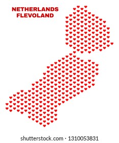 Mosaic Flevoland Province map of heart hearts in red color isolated on a white background. Regular red heart pattern in shape of Flevoland Province map. Abstract design for Valentine illustrations.
