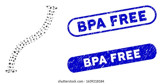Mosaic flexible pipe and distressed stamp seals with Bpa Free text. Mosaic vector flexible pipe is designed with random oval pieces. Bpa Free stamp seals use blue color,