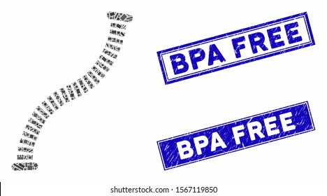 Mosaic flexible pipe pictogram and rectangle seal stamps. Flat vector flexible pipe mosaic icon of randomized rotated rectangle elements. Blue caption seal stamps with grunge textures.