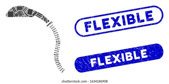 Mosaic flexible shower and distressed stamp seals with Flexible phrase. Mosaic vector flexible shower is designed with random rectangle items. Flexible stamp seals use blue color,