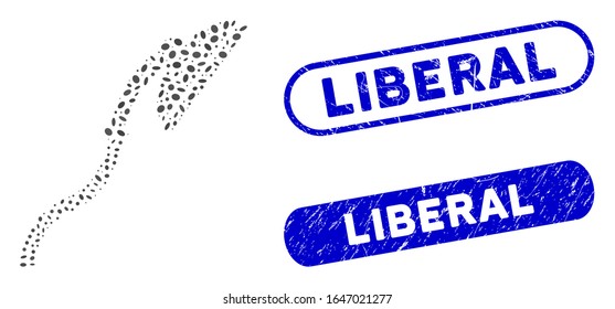 Mosaic flexible shower and rubber stamp seals with Liberal caption. Mosaic vector flexible shower is designed with randomized ellipse elements. Liberal stamp seals use blue color,