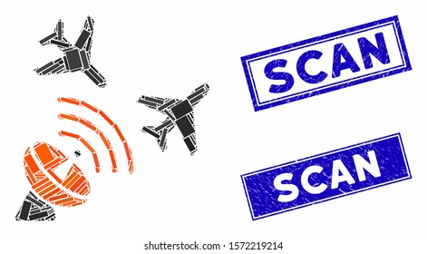 Mosaic flight radar pictogram and rectangular Scan seals. Flat vector flight radar mosaic pictogram of random rotated rectangle elements. Blue Scan seals with scratched texture.