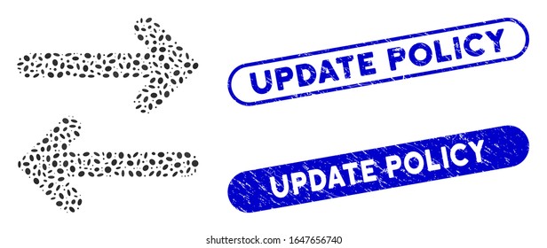 Mosaic flip horizontal and grunge stamp watermarks with Update Policy caption. Mosaic vector flip horizontal is formed with randomized oval parts. Update Policy stamp seals use blue color,