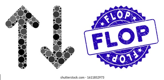 Mosaic flip vertical icon and grunge stamp seal with Flop caption. Mosaic vector is composed with flip vertical icon and with randomized round elements. Flop stamp seal uses blue color,