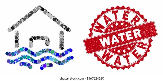 Mosaic flood disaster and grunge stamp seal with Water text. Mosaic vector is formed with flood disaster icon and with random spheric items. Water stamp seal uses red color, and dirty texture.