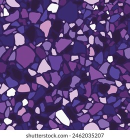 Mosaic floors of marble chips. Terrazzo flooring, polymer mosaic seamless pattern. Abstract bright ultra marine and purple colored stones background. Vector tile texture