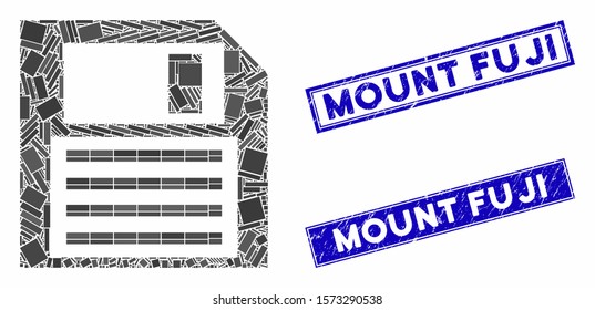 Mosaic floppy disk pictogram and rectangle Mount Fuji seal stamps. Flat vector floppy disk mosaic pictogram of scattered rotated rectangle elements.