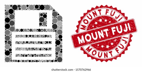 Mosaic floppy disk and rubber stamp seal with Mount Fuji text. Mosaic vector is formed with floppy disk icon and with randomized round spots. Mount Fuji stamp seal uses red color, and rubber surface.