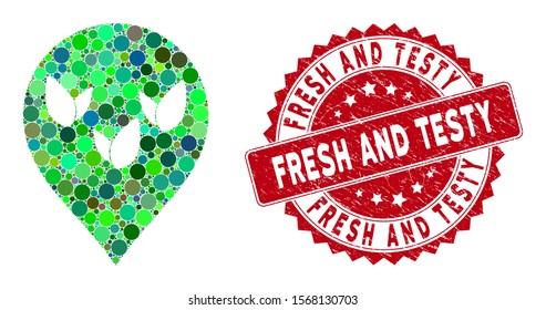 Mosaic flora field marker and corroded stamp seal with Fresh and Testy caption. Mosaic vector is composed with flora field marker icon and with randomized round spots.