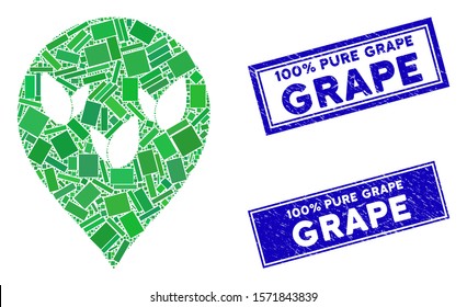 Mosaic flora field marker icon and rectangular 100% Pure Grape rubber prints. Flat vector flora field marker mosaic icon of randomized rotated rectangular items.