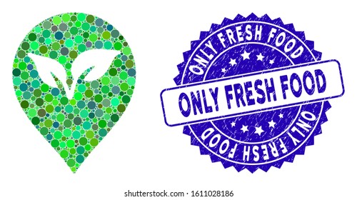 Mosaic flora plant marker icon and distressed stamp seal with Only Fresh Food caption. Mosaic vector is designed with flora plant marker icon and with scattered spheric items.