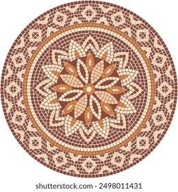 Mosaik florale kreisförmige Ornament in braun, orange und beige im klassischen Stil. Für Keramik, Fliesen, Ornamente, Hintergründe und andere Projekte.