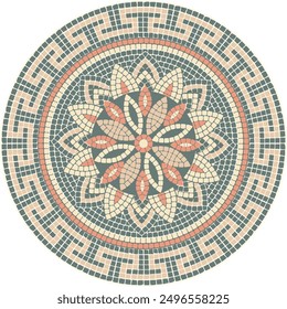 Mosaic floral circular ornament in green and and pink in clasic sty. For ceramics, tiles, ornaments, backgrounds and other projects.