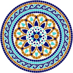 Mosaic Floral Ornament In Blue And Golden Colors. For Ceramics, Tiles, Ornaments, Backgrounds And Other Projects.