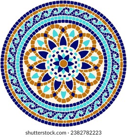 Mosaic floral ornament in blue and golden colors. For ceramics, tiles, ornaments, backgrounds and other projects.