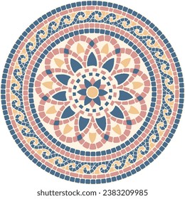 Mosaic floral ornament in blue, pink and yellow colors. For ceramics, tiles, ornaments, backgrounds and other projects.