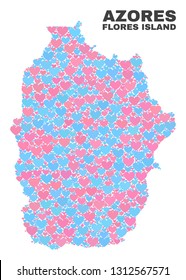 Mosaic Flores Island of Azores map of love hearts in pink and blue colors isolated on a white background. Lovely heart collage in shape of Flores Island of Azores map.